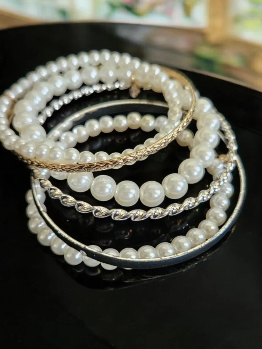 Silver and Goldtone Bangle and Pearl Stretch Bracelet Lot Rhinestone Charms